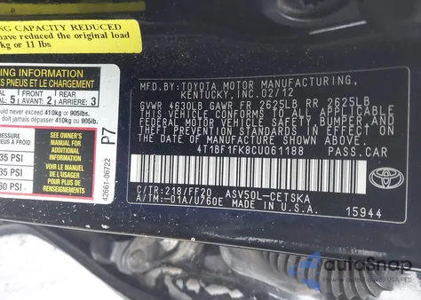 2012 Toyota Camry Se z USA, uszkodzony, nr VIN 4T1BF1FK8CU061188